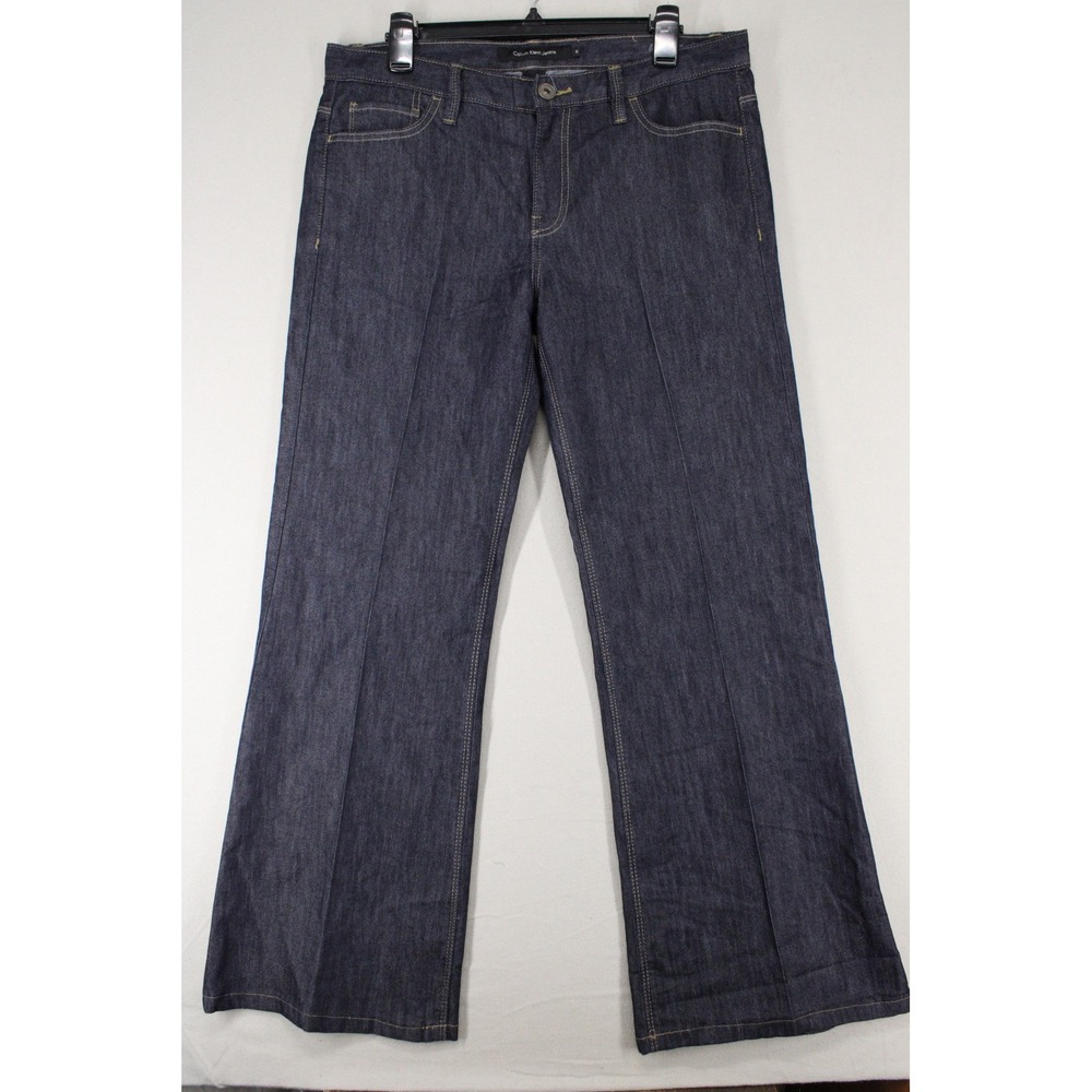 Calvin Klein Jeans Wide Leg Trousers Women 12 Dark Wash Flare Mid Rise